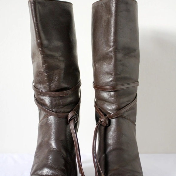 Brown Leather Mid-Calf Boots — Heeled Boots with Tie Detail, Women's Size 6 - Picture 8 of 9